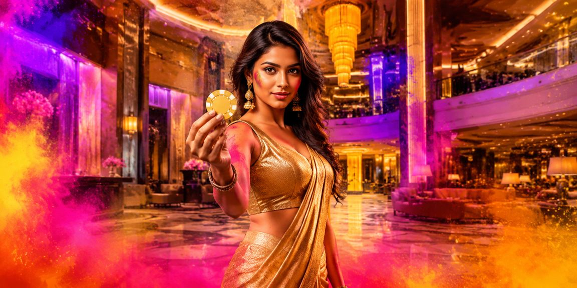 Festive vibrant Holi casino night with players celebrating and betting